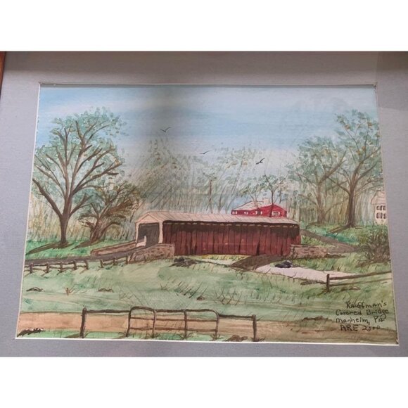 Watercolor Kauffman Covered Bridge Framed Picture Signed by Anna Ruth Enders 200 - Picture 2 of 7